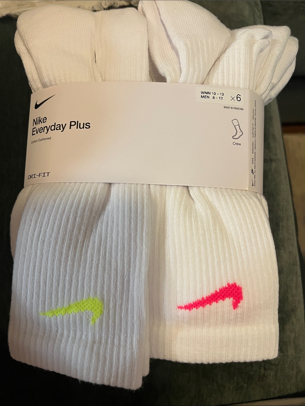 Nike Crew Athletic Socks White with Neon Swooshes (6-Pack)